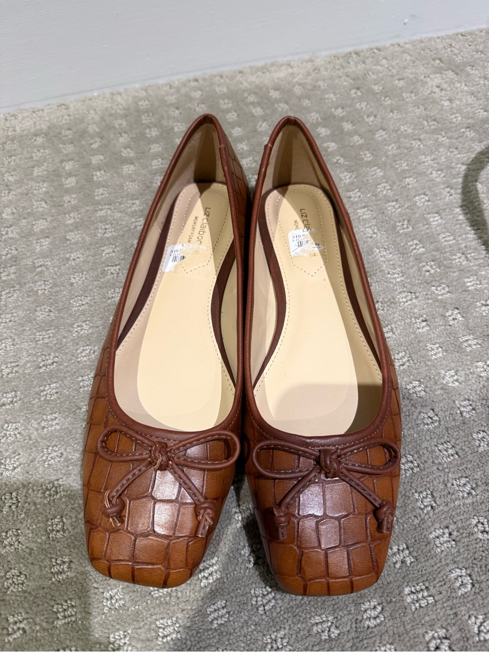 Vintage Liz Claiborne Cognac Croc-Embossed Square-Toe Ballet Flats